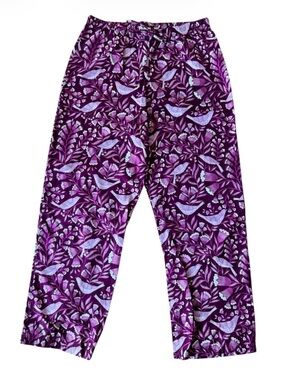 Garnet Hill Flannel Pima Cotton Pajama Pants Purple Birds Floral Elastic Waist